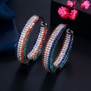 Hoop & Huggie Black Gold Color Blue Red CZ Pave Setting Round Large Earrings For Women Statement Party Wedding Jewelry CZ832