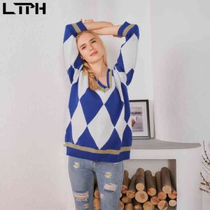 arrival Autumn Winter vintage Geometryic Splicing woman sweaters Loose lazy style thick Long sleeve pull-on sweater 210427