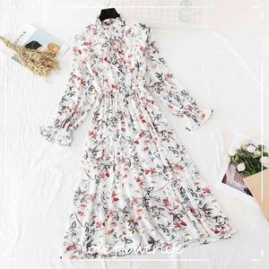 Women Dress Spring Summer Korean Fashion Vintage Floral Print Chiffon Midi Dress Ladies Elegant Dresses Clothes 210521