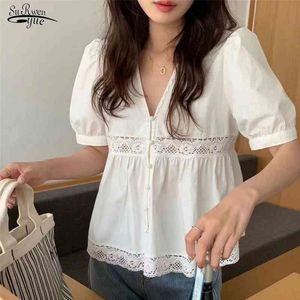 V-pescoço oco out mulher blusas costura de costura coreano verão manga curta mulheres camisas soltas femininas vestuário blusas 14244 210508