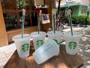 Starbucks Mermaid Goddess 16oz/473ml 24oz/710ml Plastic Tumbler Reusable Clear Drinking Flat Bottom Cups Pillar Shape Lid Straw Mugs Bardian 10pcs