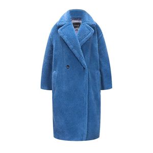 Pelliccia da donna finta blu a grana di pecora shearling 2021 Europa inverno arrivo stile donna orsacchiotto cappotto abiti larghi lungo addensare caldo