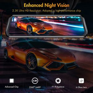 12 inch 2.5K Mirror Car DVR Touch Screen Dash Cam Voice Control Dual Cameras With Rear View Camcorder Waterproof Backup Cameras Smart Parking Assist Modes