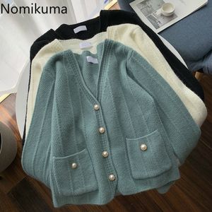 Nomikuma Przyjazd V Neck Z Długim Rękawem Cardigan Pojedynczy Breasted Casual Vintage Sweter Kobiet Kobiet Solidne Kolor Topy 3C241 210514