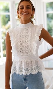 Backless Lace Broderi Vit Kvinnor Blousetops Ruffled Hollow Out Peplum Toppar Kvinnor Sommarstil Streetwear Ladies Blusas Cloth 210521