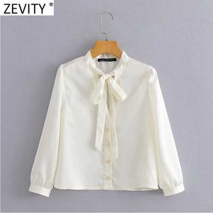 Zevity Women Fashion Bow Mite Collar Diamond Button Casual Bluzka Office Damska koszula Biznesowa Koszula Chic Chemise Topy LS9275 210603