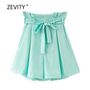 Zevity Damen süße Candy-Farben-Falten-Rüschen-beiläufige Shorts Damen schicke Schleife gebundene Schärpen-Shorts Pantalone Cortos P877 210603