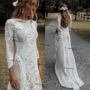 Vintage Crochet Lace Bröllopsklänningar Långärmad Baklösa Scoop Neck Vestido de Novia Boho Boho Country Bridal Gown Robe de Marie