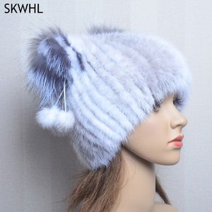 Kvinnor äkta mink päls beanies hattar vinter äkta räv keps kvalitet vinter hatt elastisk varm mjuk fluffig naturlig