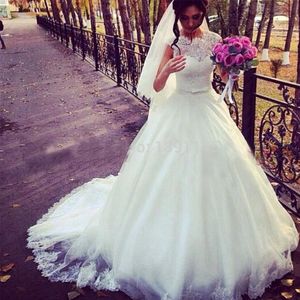 ZJ9075 Bridal Wedding Gown Lace Up High Neck Bride Dresses LONG SLEEVE PLUS SIZE anniversary ceremony Muslim DRESS with train