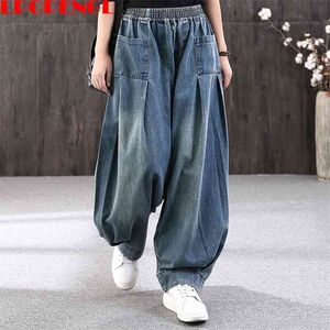 Sping Autumn Loose Jean Denim Casual Cross Pants Female Vintage Retro Harem Trousers Bloomers 210629