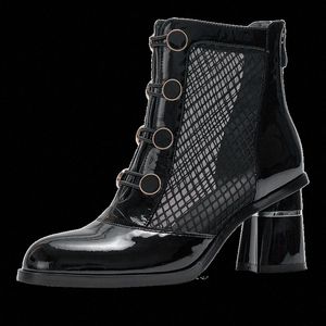 Bottone patchwork a rete in vera pelle da donna Primavera femminile Nuovo tacco alto spesso Comodo stivaletto corto Zip posteriore Scarpe Stivali Farmacia