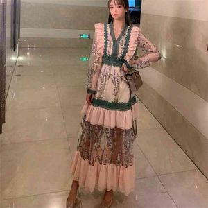 Fashion Vintage Embroidery Dress Female V-neck Long Sleeve High Waist Mesh Patchwork Elegant Party Dresses Woman 210520