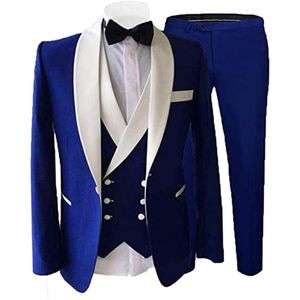 Men's Suits & Blazers Spring Autumn Male Royal Blue Men With White Lapel Jacket+Double Breasted Vest+Pants Slim Fit Formal Wedding Tuxedo 20