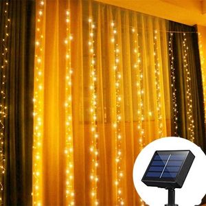 Solar Powered 300 LED Window Curtain Fairy Lights Copper Wire String Lights for Outdoor Wedding Party Garden Bedroom Decoration 211109