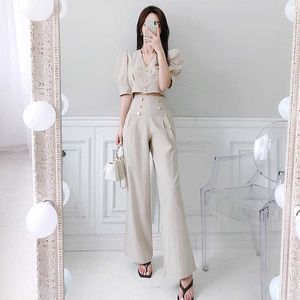 Sommar Casual Kvinnor Passar Office Sets Två Piece Suit Puff Sleeve Short Crop Top och Pant för Kläder Set 210529