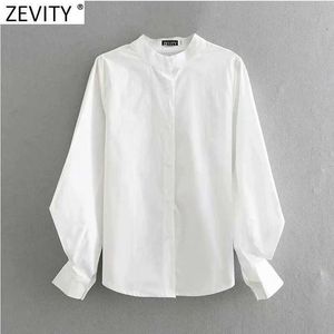 Zevity Women Fashion Stand Collar Lantern Sleeve Vit Blus Kontor Ladies Casual Shirts Chic Chemise Blusas Tops LS7391 210603