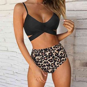 Baddräkt kvinnor hög midja bikini kvinna criss cross set leopard print beachwear baddräkt push up swimwear 210621