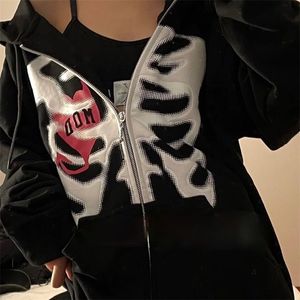 Zip-up Y2K Harajuku Anime Gotik Hoodies Kore Tarzı Gevşek Kafatası Baskı Goth Grunge Uzun kollu Kapüşonlu Ceket Düz Renk Retro 210914