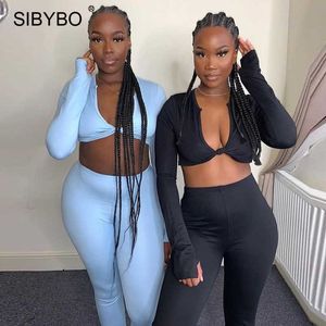 Sibybo 2 Piece Outfits för kvinnor 2021 Summer Crop Tops Drawstring Cargo Byxor Sätter Svart Casual Sporty Sweatpants TrackSuits Y0625