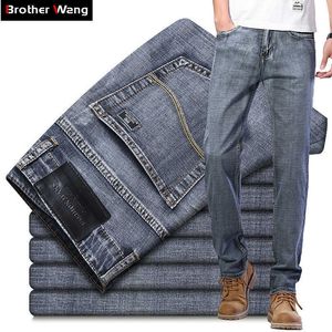 Homens jeans clássico estilo negócio ocasional alongamento avançado regular fit denim calças cinza calças azuis macho 210622