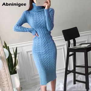 Frauen Pullover Kleid Elegante Herbst Winter Sexy Slim Bodycon Kleider Rollkragen Einfarbig Dicke Warme Strick Pullover Vestido 210322