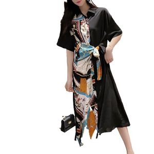 Women Summer Black Loose Contrast Color Spliced Lace Up Geometry Print Knee-Length Dress Lady Shirt Skirt D3999 210514