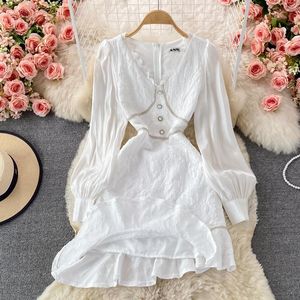 Casual Dresses Spring Summer Jacquard Flower White Dress Women Long Sleeve V Neck Lace Trims Beading Buttons Ruffles Fishtail Asymmetry Vest