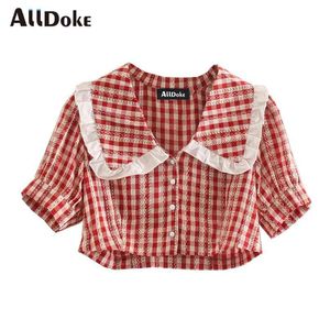 ALLDOKE red plaid casual women blouse summer turn down collar lantern sleeve crop tops shirt femme ruffles ladies blouses blusas 210719