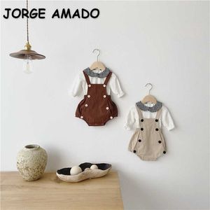 Venda Por Atacado Primavera Estilo Coreano Bebé 2-PCS Sets Peter Pan Collar T-shirt + macacão Bodysuit Kids Roupas E5026 210610