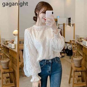 Korean White Basic Lace Mesh Women Blouses O-Neck Fashion Spring Office Lady Lantern Sleeve Shirts Tops 210601