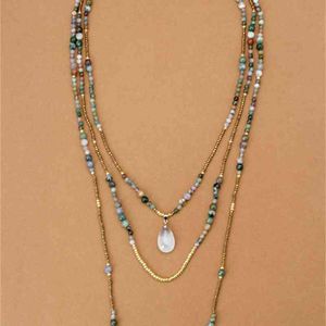 Natural India Onyx with Seed Beads Teardop Pendant 3 Layered Necklace Bohemia Beaded Statement Necklaces Drop