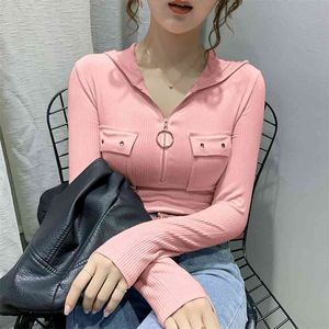 Wwenn Sexy Zipper Hooded Deep V-Neck Kieszonkowy Tshirt Femme T Shirt Kobiety Bawełna Szczupła T-shirt Z Długim Rękawem Jesień Wiosna Różowe Topy 210507