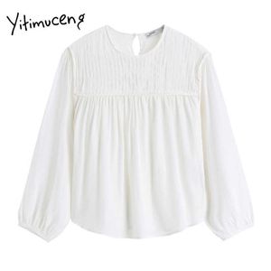 Yitimuceng White Blouse Women Folds T Shirts Långärmad O-Hals Straight Solid Spring Korean Fashion Office Lady Tops 210601