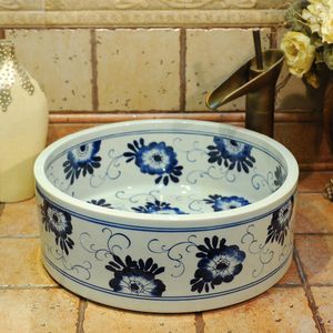 Bthroom Conder Top Wash Basin Cloakroom مرسومة باليد سفينة بالوعة الحمام المصارف الأزرق والأبيض بالوعة إلى الحمام