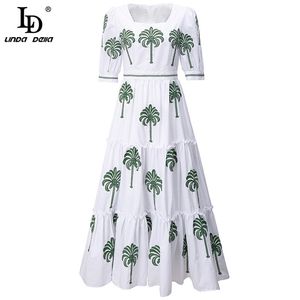 Verão Moda Runway Whiter Algodão Dress Mulheres Manga Curta Floral Bordado Ruffle Feriado Midi Elegante 210522