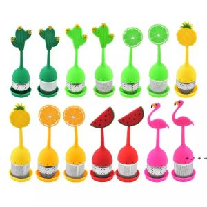 Food Grade Tea Tools for Loose Tea Reusable Silicone Handle Stainless Steel Strainer Drip Tray Included Teas Filter C08G19