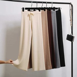 Pants Women Wide Leg Elastic Waist Knitted Black Solid Simple Casual Ankle-Length Korean Fashion Trendy Daily All-match Autumn 210610