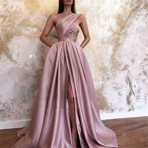 Arabic One Shoulder Dusty Pink Evening Dresses With Pockets 2023 Long Satin A Line Pleats Slit Sexy Corset Prom Gowns Formal Party Dress Back Lace-up