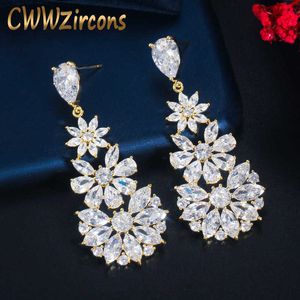 Błyszczący Kwiat Kształt Długi Drop Dangle Wedding Party Kolczyki Dla Kobiet Elegancki Cubic Cyrkonu Dress Jewelry CZ750 210714