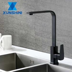 XUNSHINI Quadratischer Küchenarmatur, mattschwarz/Chrom und Kaltwasserhahn für Küchenspüle, 360-Grad-Drehmischer, Deckmontierter Wasserhahn, 211108