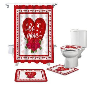 シャワーカーテンバレンタインデーラブローズレッドホワイトカーテンセットラグバスマットバスルームトイレトイレカバーホームデコレーション