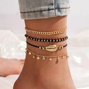 Anklets bohe preto ajustável shell frisado para mulheres tornozeleira conjunto luxo lantejoulas de cristal borla multilayer pé correntes jóias