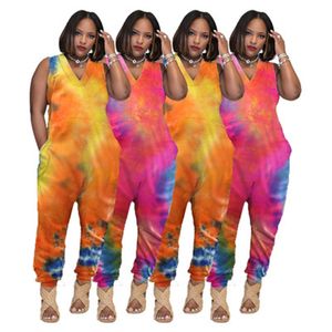 Kvinnor Färg Tie-Dye Rompers Fashion Trend Ärmlös V-Neck Toppar Lösa Byxor Designer Sommar Kvinna med Fickor Casual High Waist Jumpsuits