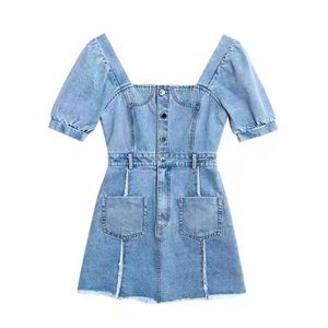 Women Slash Neck Short Sleeve Puff Pocket A Line Mini Dress Summer Beach Female Denim Blue D1896 210514