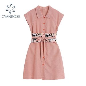 Red Plair Sleveeless Lace Up Causal Wommen Shirt Dresses Summer Streetwear Turn-down Collar Button Dress Female 210515