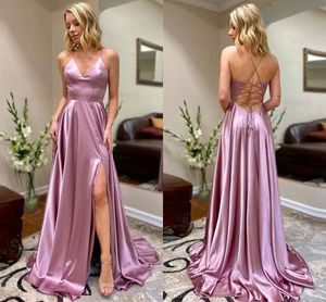 Sexy Różowy Żółty Prosty Linia Prom Dresses V Neck Satin Długość podłogi Długość Płetki Side Split Formalne Wieczorowe Party Suknie Custom Made