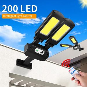 200Cob solkampor utomhus fjärrkontroll justerbar vinkel IP65 Vattentät ljus 3 lägen PIR Motion Sensor Sunny Wall Lamp Garden Lighting Yard Garage Pathway