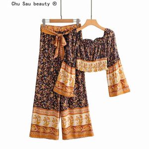 Fashion Boho Vacation Summer Print Women One-Word Collar Flared Sleeve Short Blouses Crop Top + High-Waist Wide-Leg Pants 210514
