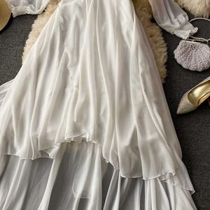 네 플로 섹시 V 목 랜턴 긴 소매 여자 드레스 솔리드 슬림 허리 큰 스윙 드레스 세련된 불규칙한 쉬폰 Vestidos Y0823